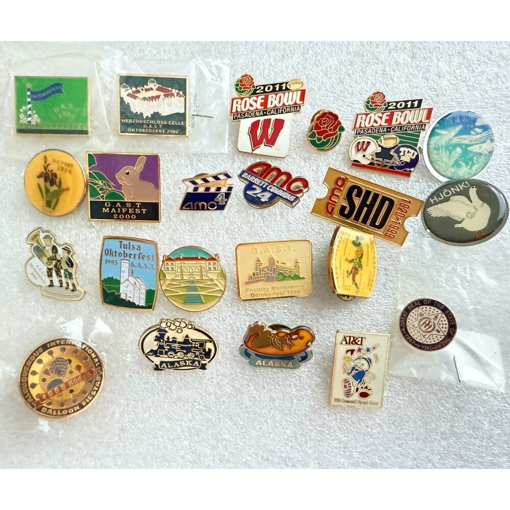 Lot of 20 Vintage Lapel Pins Rose Bowl 2011 Balloon Fiesta Oktoberfest AMC Alask